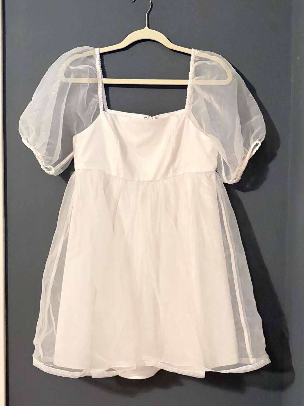 TCEC White Organza Puff Sleeve Babydoll Mini Dress Size Small Bridal Coquette